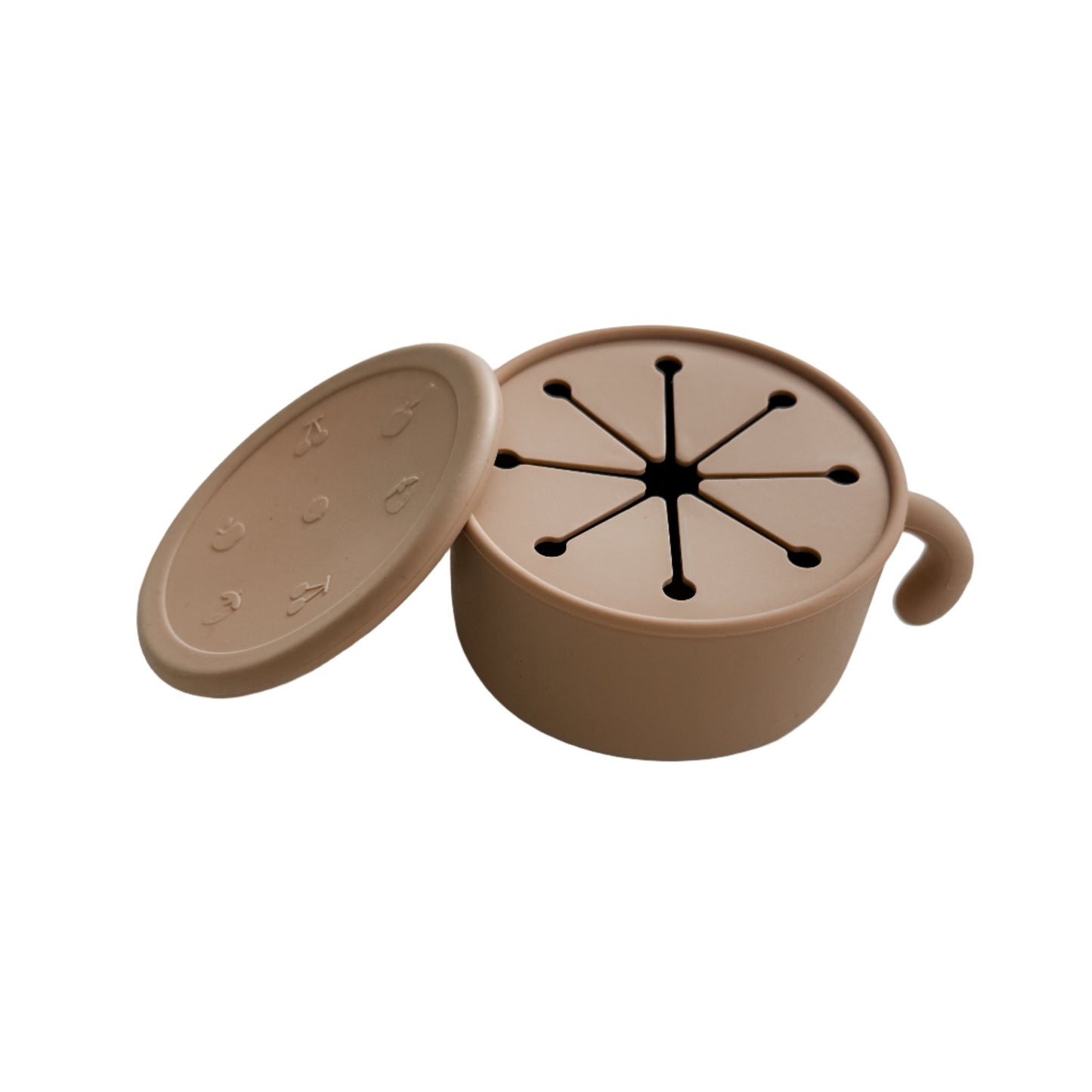 A beige silicone snack cup with a lid, featuring a geometric pattern on the lid and handles on the cup, placed on a white surface.