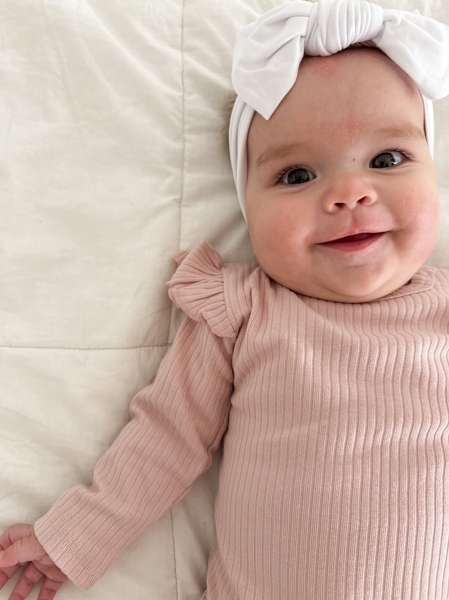 Ribbed Ruffle Organic Cotton Long Sleeve Bodysuit - Pearl