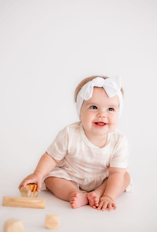 Neutral Gingham Twirl Bodysuit Romper