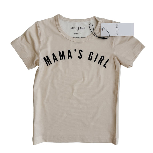 Beige t-shirt with 'MAMA'S GIRL' text on a white background